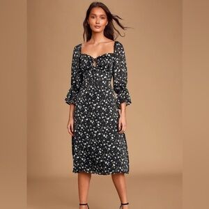 Lulus Picking Petals Black Floral Print Midi Dress XS